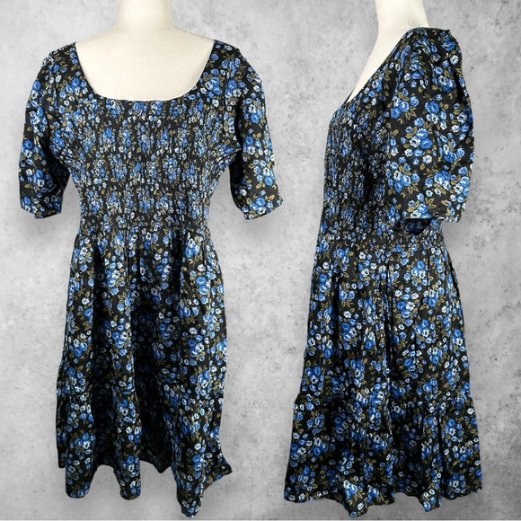 NWT Gap Soft Cotton Blue Floral Mini Tiered Dress Puff Sleeve Spring Summer XXL - Picture 1 of 7